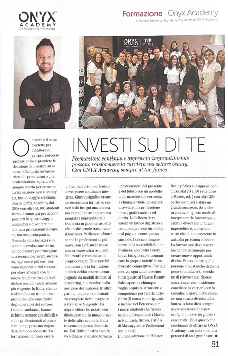 La pagina 81 di Unghie&bellezza: il titolo «Investi su di te», il ritratto di Daniele Salamina e la foto di gruppo delle allieve in aula