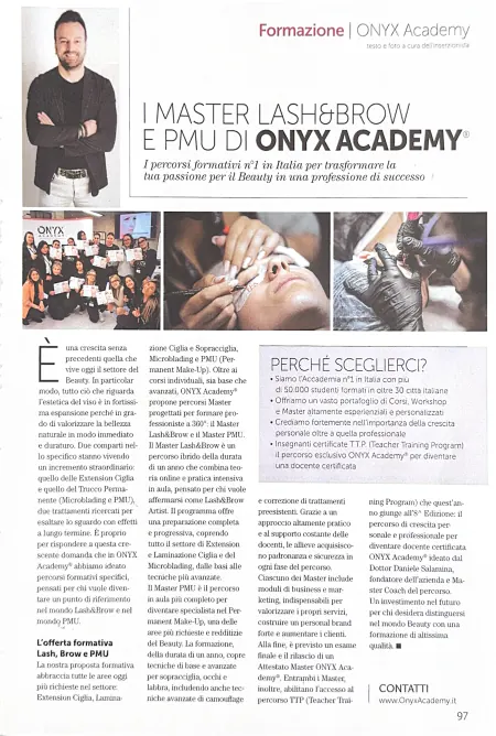 La pagina 97 di Unghie&bellezza: il titolo «I Master Lash&Brow e PMU di ONYX Academy», il ritratto di Daniele Salamina e tre foto, le allieve con l'attestato, un'extension ciglia e un trattamento di trucco permanente