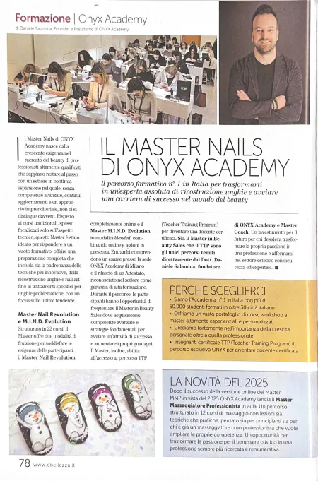 La pagina 78 di Unghie&bellezza: il titolo «Il Master Nails di ONYX Academy», una foto d'aula con le allieve al lavoro e il ritratto di Daniele Salamina