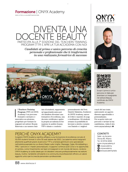 La pagina 88 di Unghie&bellezza: il titolo «Diventa una docente beauty», la foto di gruppo delle allieve del Teachers Training Program con Daniele Salamina e il suo ritratto