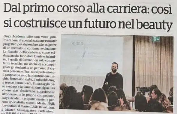 La stessa pagina, fotografata: il titolo «Dal primo corso alla carriera: così si costruisce un futuro nel beauty» e una foto d'aula