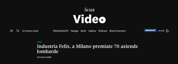Il Sole 24 Ore, schermata della pagina: «Industria Felix, a Milano premiate 70 aziende lombarde»