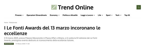Trend-online, schermata della pagina: «I Le Fonti Awards del 13 marzo incoronano le eccellenze»