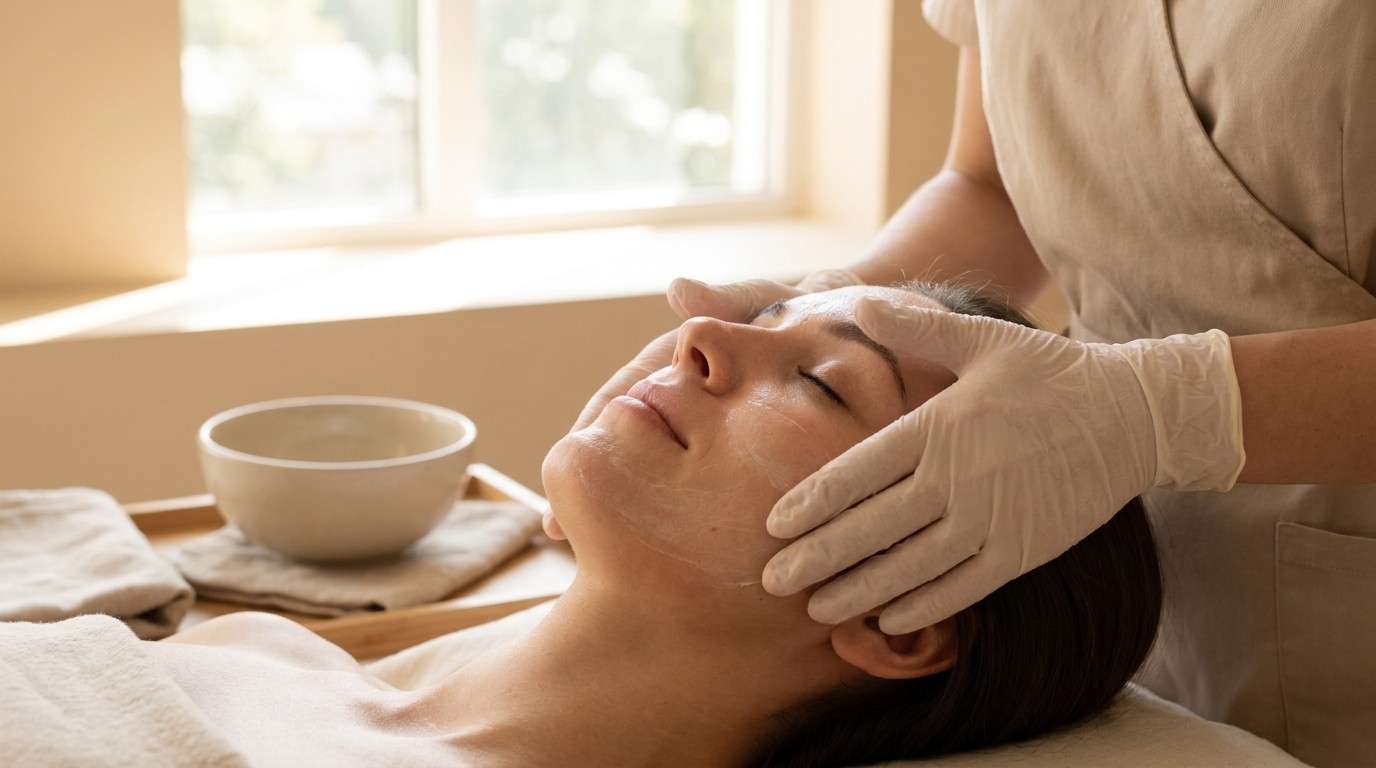 Estetista durante un trattamento viso professionale in cabina, la manutenzione che completa la beauty routine viso