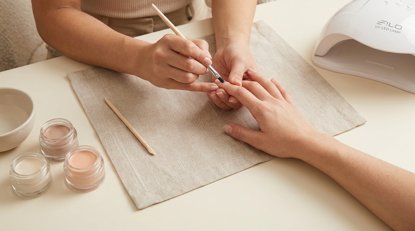 Postazione manicure ordinata di un'onicotecnica: la base dell'igiene e della sterilizzazione strumenti in estetica